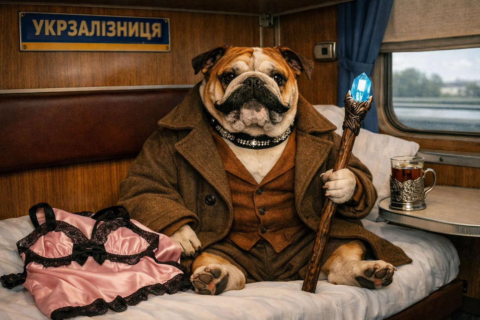 Бульдог у пальті з посохом кристалом у вагоні Укрзалізниці